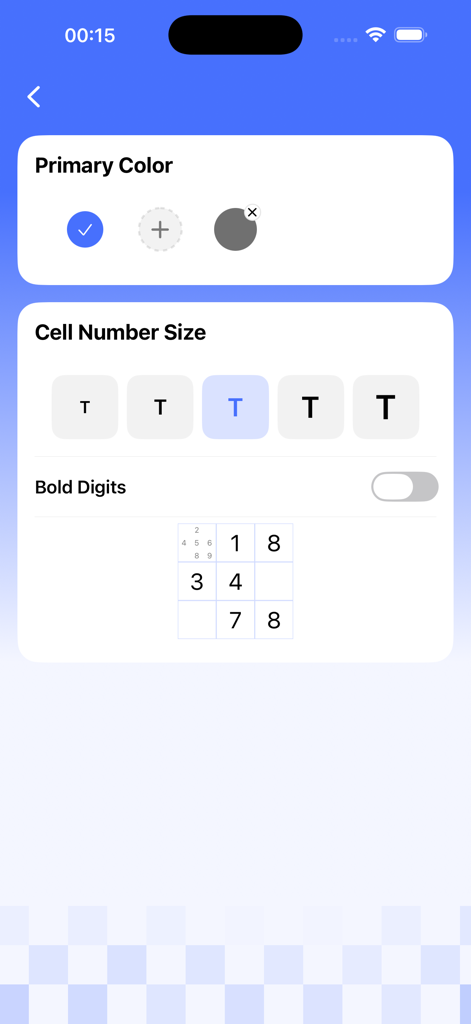 Pantalla de configuración del juego de Sudoku para personalizar el color del tema, el tamaño de los números y los dígitos en negrita