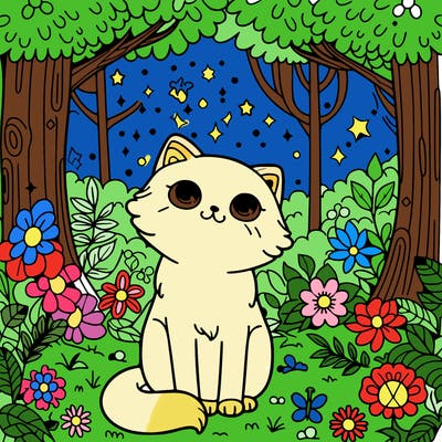 a cat in a magical forest with flowers
