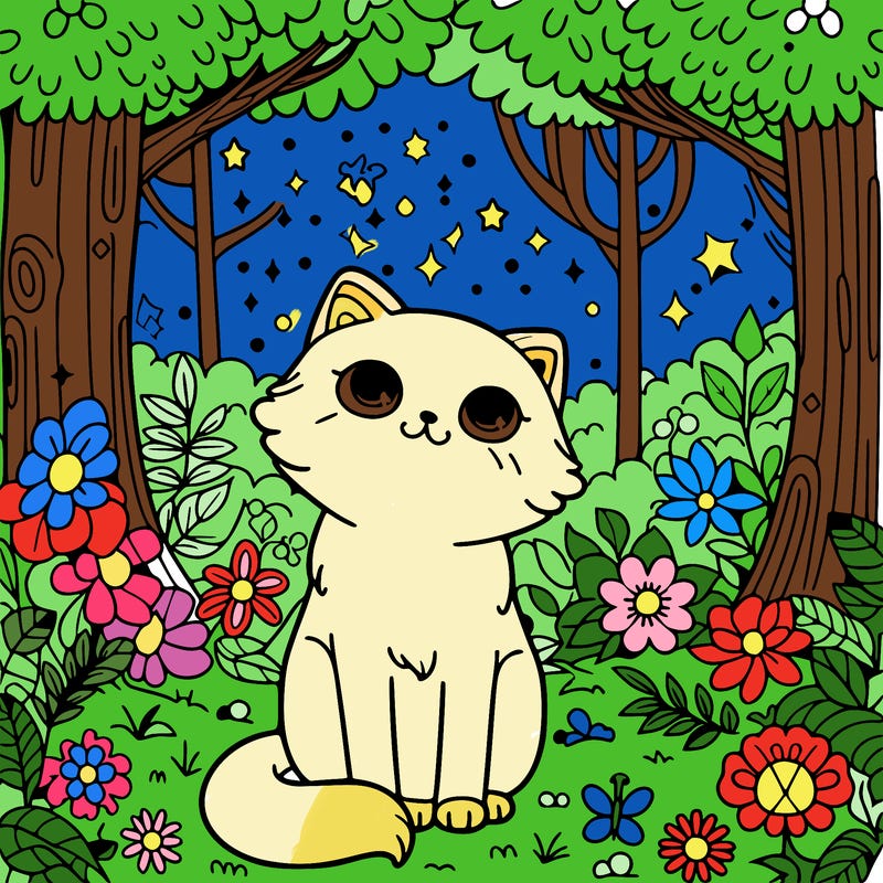 a cat in a magical forest with flowers