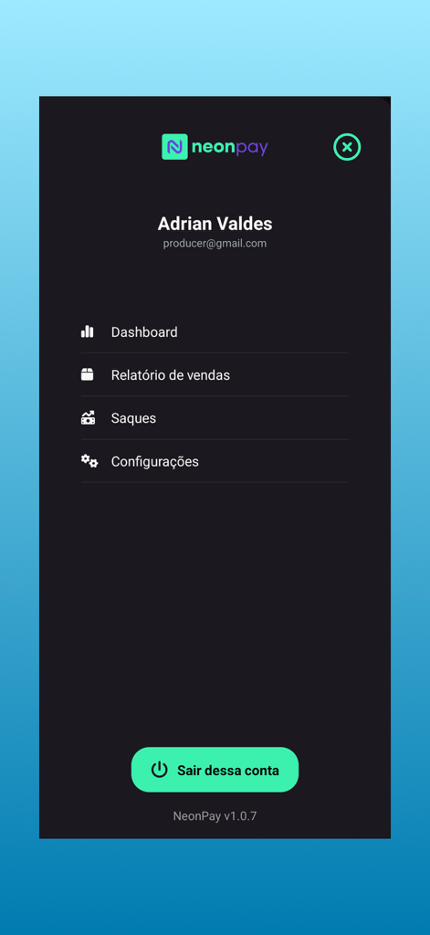 NeonPay app menu screen displaying user profile and navigation options for dashboard sales reports and settings