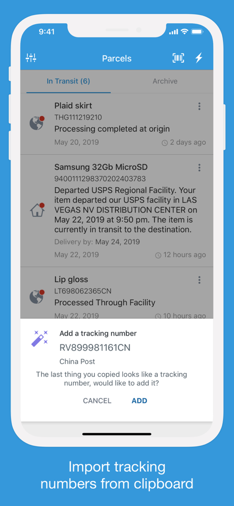 Uma interface móvel para o aplicativo Packages mostrando um aviso para importar automaticamente um número de rastreamento da área de transferência.