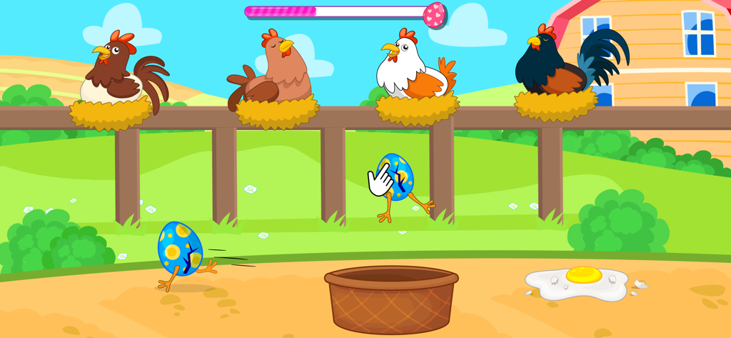 Baby Care Games for Kids 3,4,5 - Minijuego de granja para niños con gallinas en nidos y huevos animados corriendo hacia una cesta.