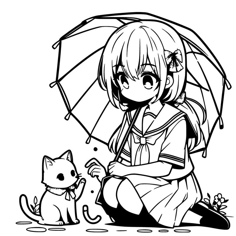 anime middle school girl sitting down petting a cat while holding an umbrella
