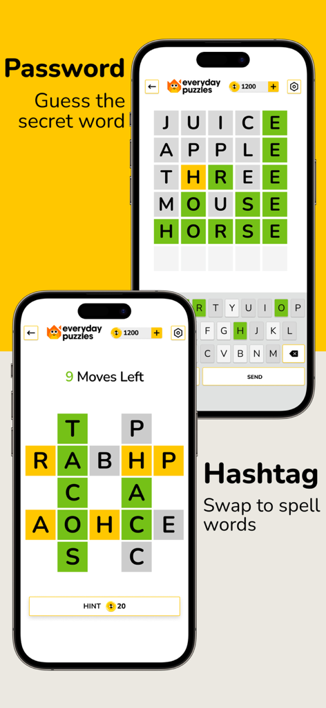 Everyday Puzzles: Mini Games - Everyday Puzzles app interface showing Password and Hashtag word games on two smartphones