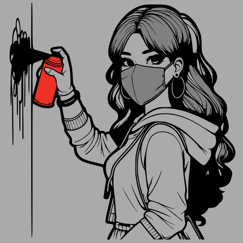 realistic girl with mask spray painting a wall