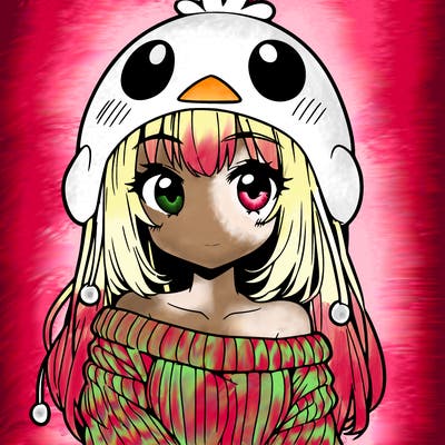 anime girl with chick shaped hat with sweater with bare shoulders with bangs covering them one eye with low tail