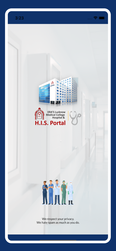 Digi Doctor HIS - Digi Doctor HIS portal splash screen showing hospital buildings and medical professionals