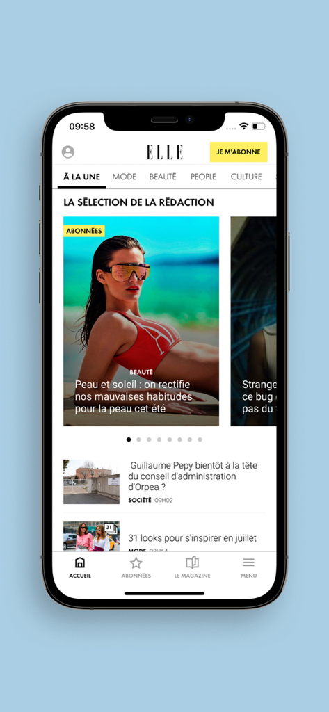 Home screen of the ELLE France app featuring fashion beauty and society news articles