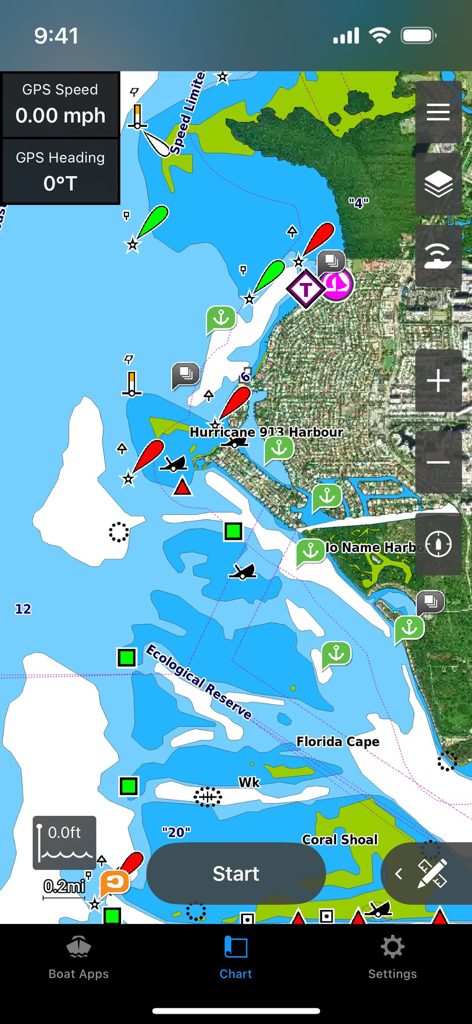 해안 마커 및 GPS 데이터가 포함된 상세한 해양 항법 차트를 보여주는 Garmin ActiveCaptain 앱의 인터페이스
