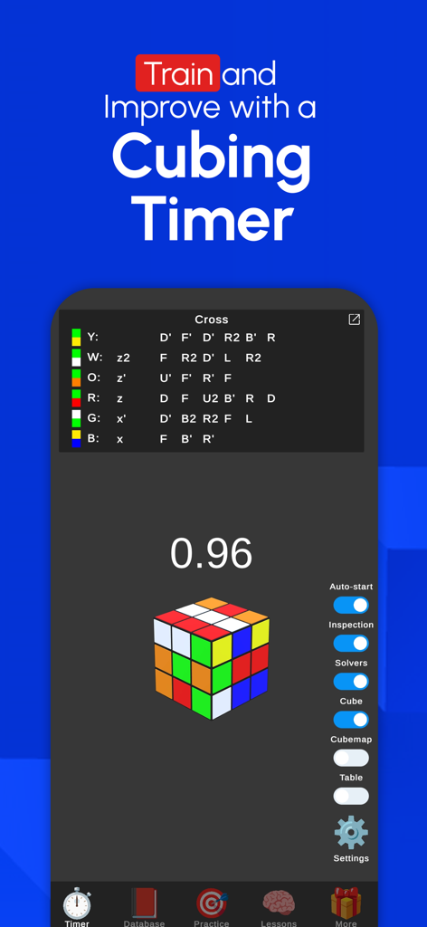CubeHub app timer screen showing a 3D Rubik's cube and solve algorithms