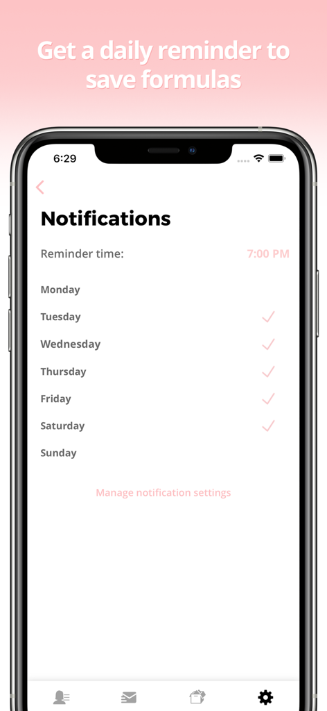 Oberfläche der Gloss-App, die Einstellungen zur Planung täglicher Erinnerungen zum Speichern von Haarfarbenformeln zeigt