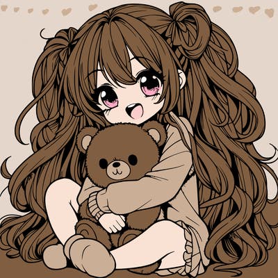 manga girl, long curly hair, happy, cuddling a teddy bear