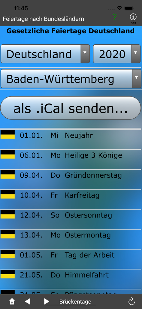 Lista de días festivos públicos alemanes para Baden-Wuerttemberg en 2020 dentro de la aplicación Feiertage nach Bundeslaendern.