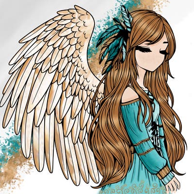 realistic girl with bird wings and some feathers in her hair