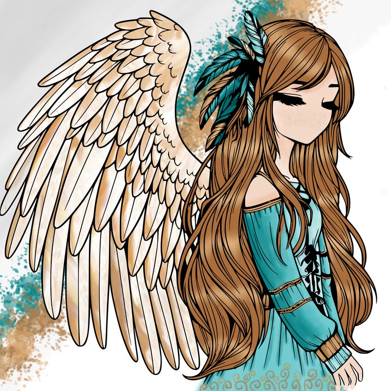 realistic girl with bird wings and some feathers in her hair