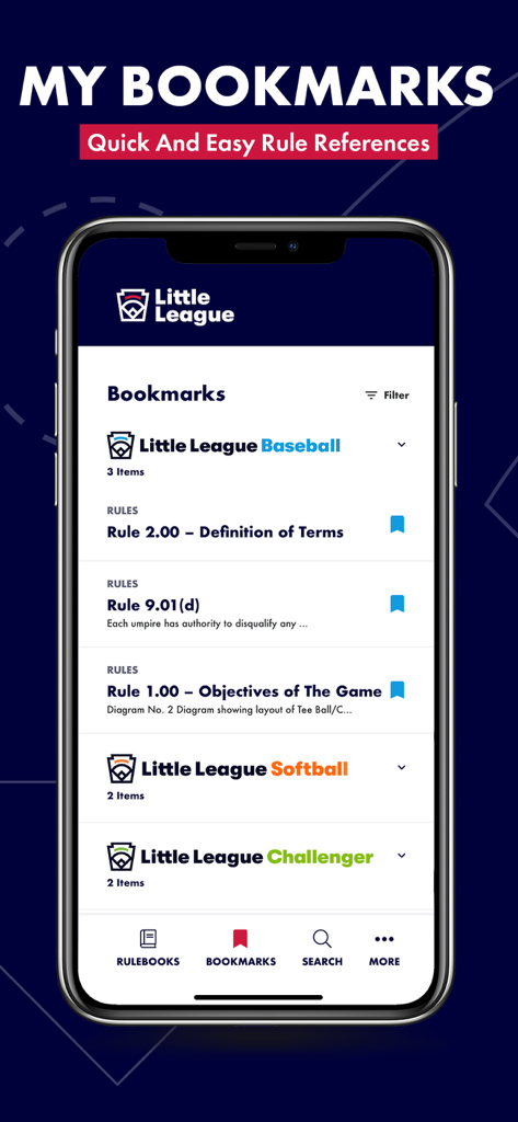 Little League Rulebook - Little League Rulebook app screen displaying bookmarked rules for baseball softball and challenger divisions