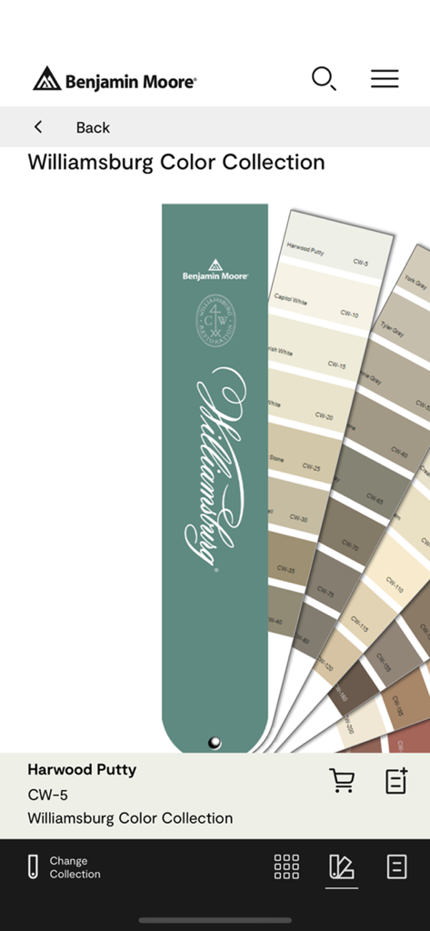 Un éventail virtuel montrant divers échantillons de peinture de la collection Williamsburg Color Collection dans l'application Benjamin Moore.