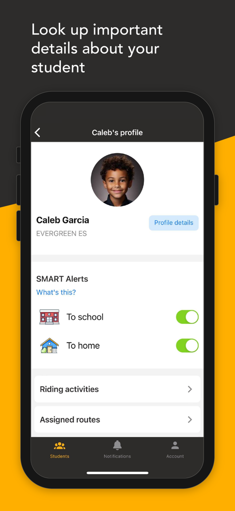SMART tag Eltern-App-Oberfläche, die ein Schülerprofil mit anpassbaren SMART-Benachrichtigungen für die Schulbusverfolgung anzeigt.