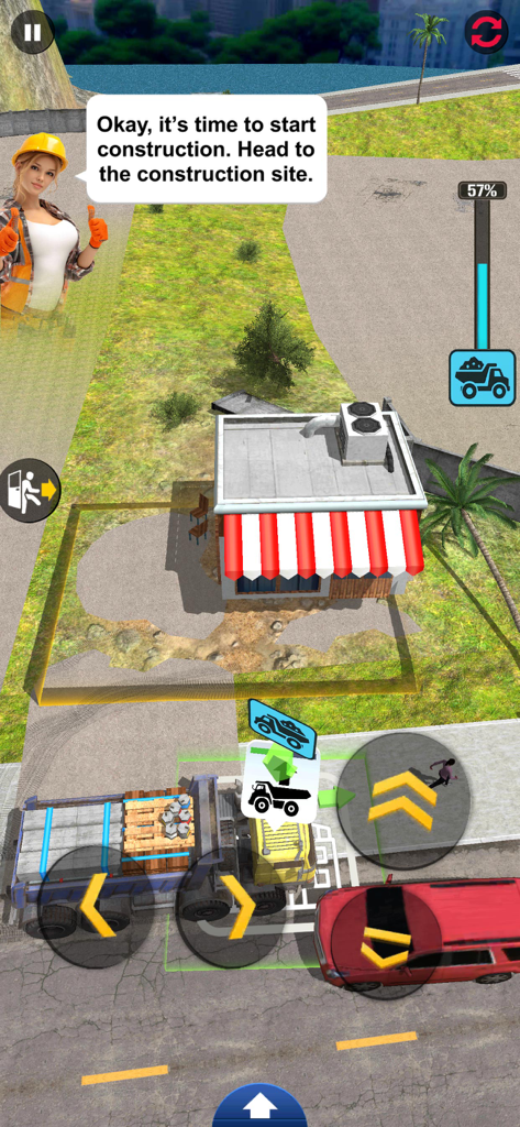 Demolition & Construction Inc. - Una vista cenital de un sitio de construcción en un juego móvil que presenta un camión pesado y una mujer proporcionando instrucciones.