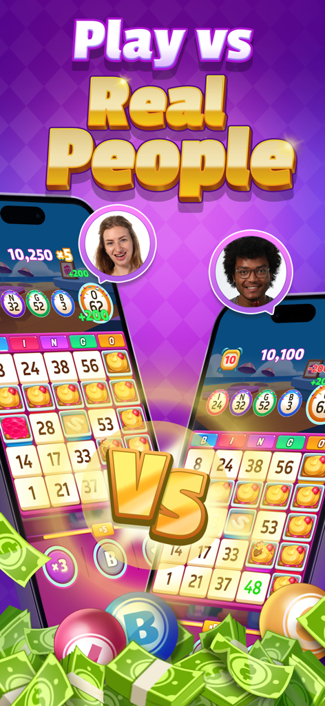 Mobile bingo game screen showing a competitive match against real people with cash rewards