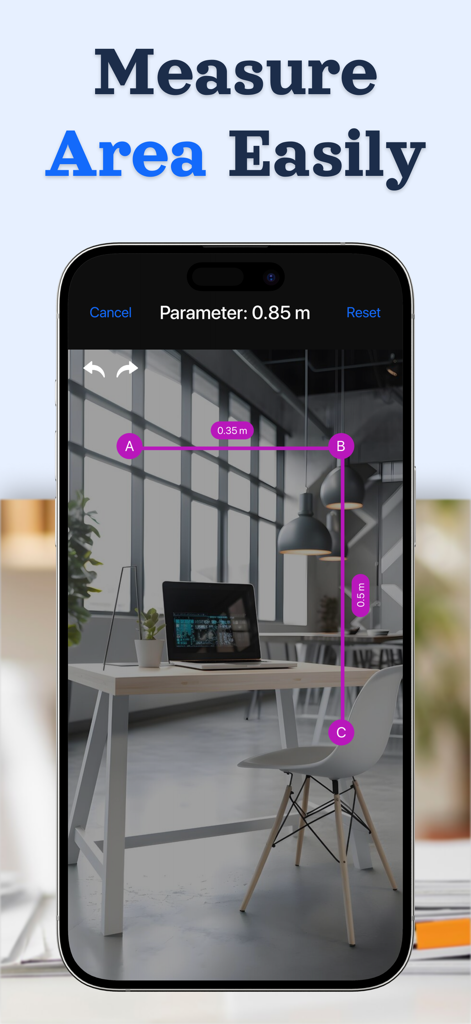 Doc Scanner - Fast PDF Creator - Doc Scanner app interface showing a digital tool to measure floor area and dimensions in an office