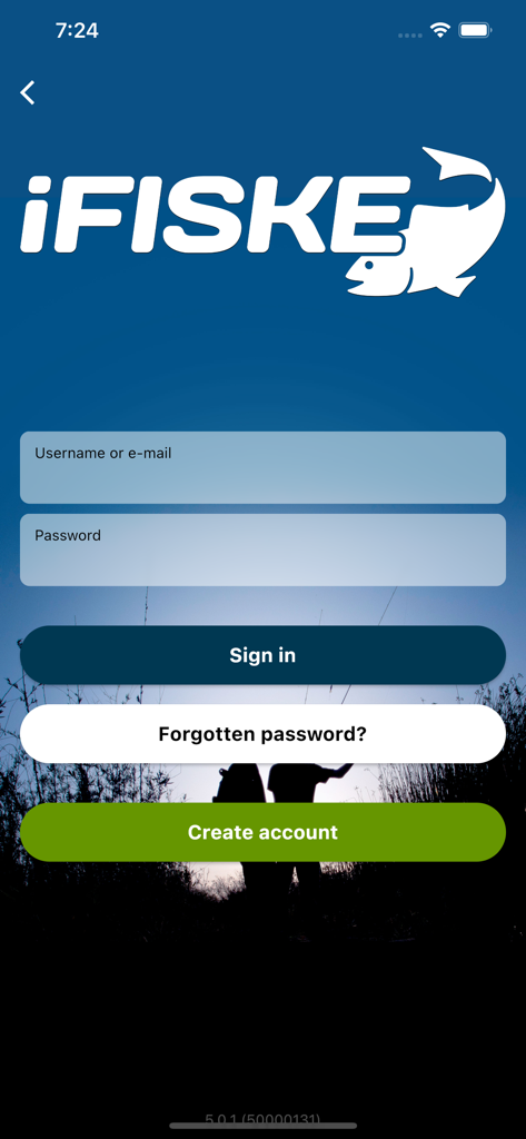 iFiske - Fishing Permits - Login screen for iFiske app with username and password fields and a sign in button