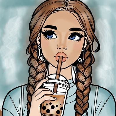 realistic girl with braided hair drinking boba
