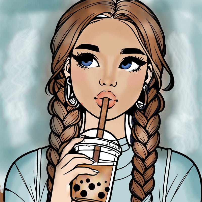 realistic girl with braided hair drinking boba