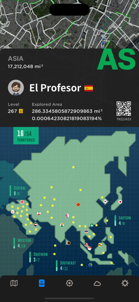 Fog of World app interface showing user level and a map of explored territories in Asia