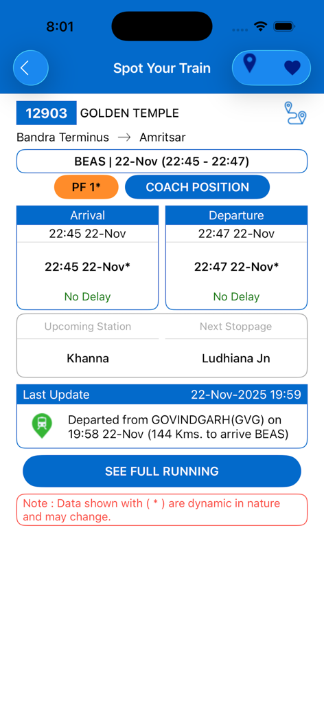 NTES - Real-time train tracking screen in the NTES app for Indian Railways