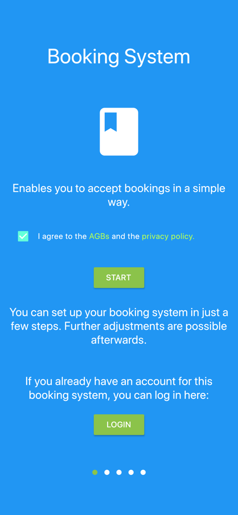 Appointment Booking System - Willkommensbildschirm der Terminbuchungssystem-App mit Start- und Anmeldeschaltflächen.