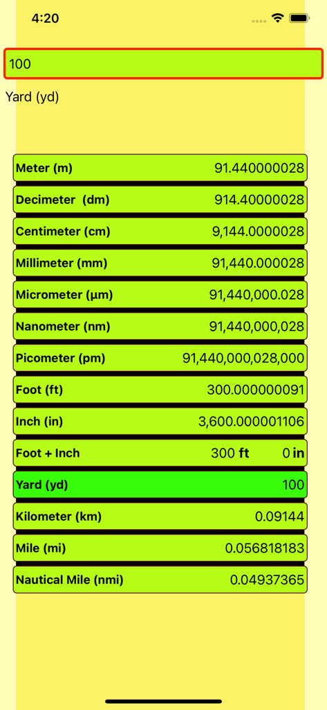 Length Conversion - Oberfläche der Längenkonvertierungs-App, die 100 Yards in Fuß und Zoll umrechnet