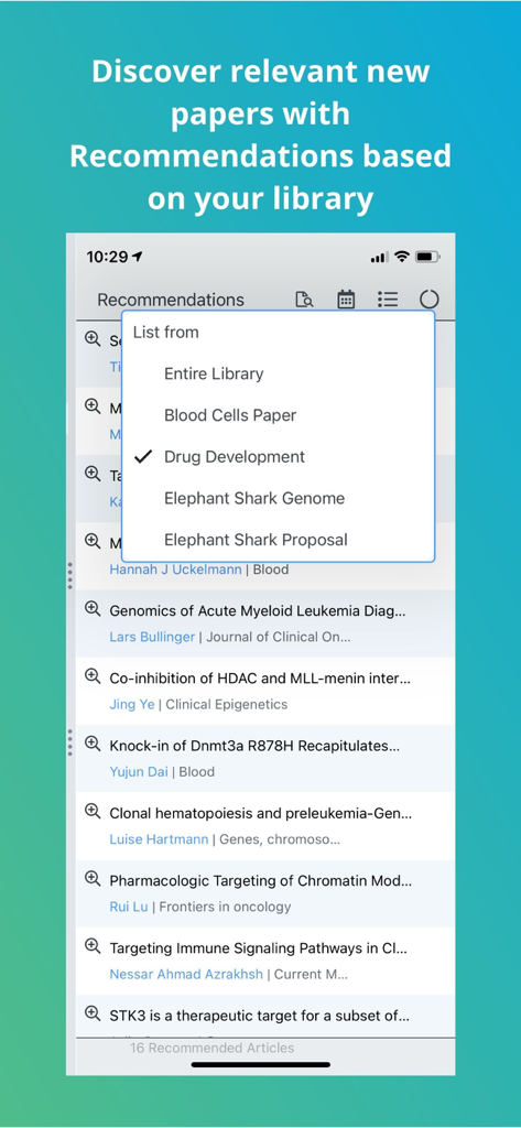 Papers by ReadCube - Screenshot der Papers by ReadCube App, die personalisierte Forschungsempfehlungen basierend auf der Bibliothek und den ausgewählten Forschungsthemen des Benutzers anzeigt