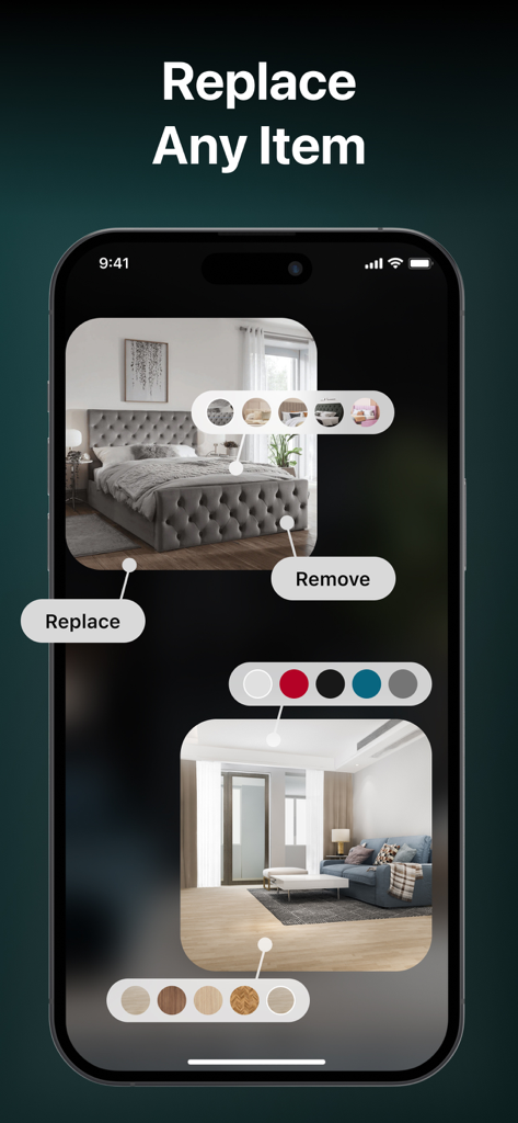AI Room Planner: Home Designer - AI Room Planner app interface showing options to replace or remove furniture and change room colors on a smartphone.