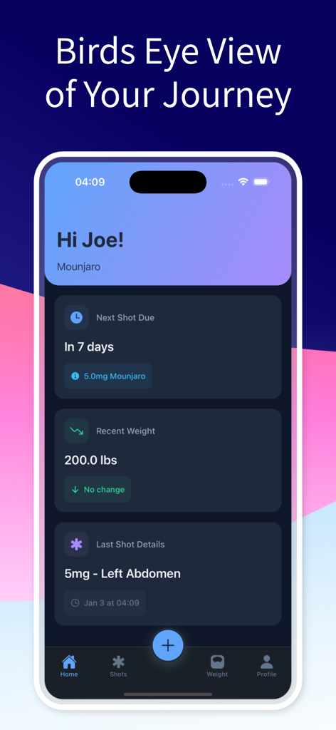 Dashboard view of the Shotwise app for tracking GLP-1 injections and weight