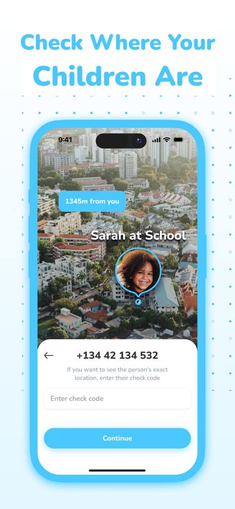 Number Locator: Cell Location - Interface d'application mobile montrant la localisation en temps réel d'un enfant à l'école sur une carte avec le titre Vérifiez où sont vos enfants