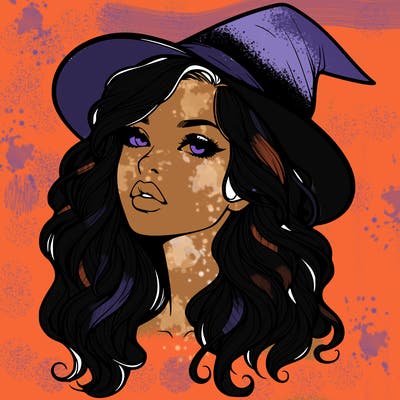 realistic witch girl with wavy hair and lips