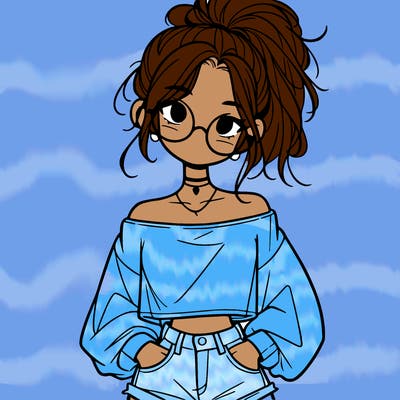 girl with a messy ponytail glasses a baggy crop top and jean shorts