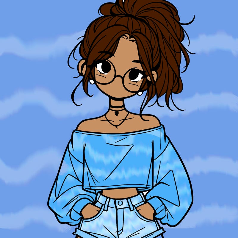 girl with a messy ponytail glasses a baggy crop top and jean shorts