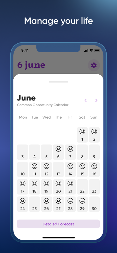 Astrocode: personal horoscope - Astrocode app interface displaying a monthly opportunity calendar with daily mood icons and a detailed forecast button.