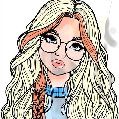 girl with long hair and freckles and glasses realistic