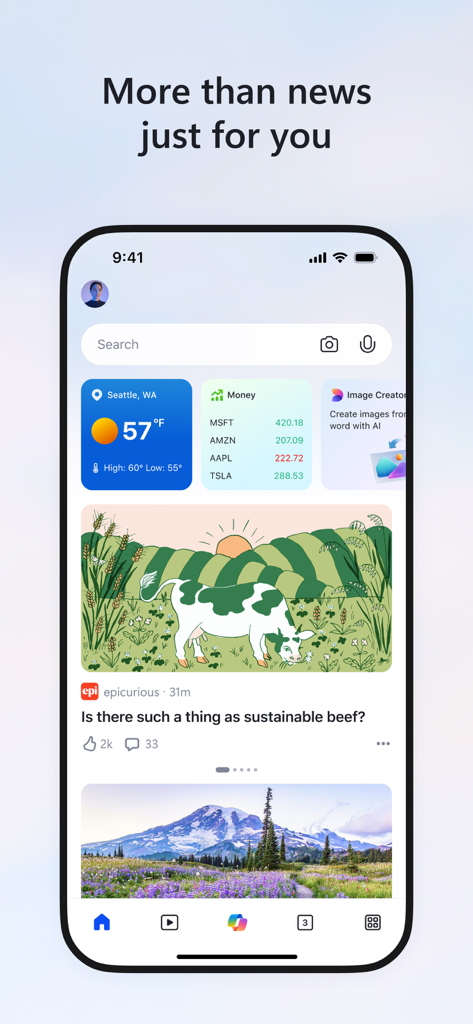 MSN app interface showing personalized news feed with weather and stock market widgets on an iPhone.