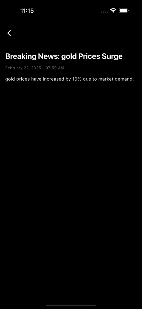 Switz Gold - Uma tela de notícias urgentes no aplicativo Switz Gold anunciando um aumento nos preços do ouro.
