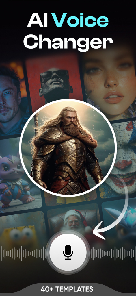 Interfaz de la aplicación AI Voice Changer que muestra plantillas de personajes y un botón de grabación de micrófono