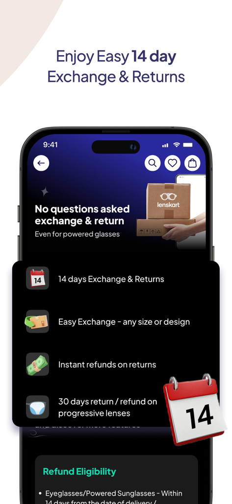 Lenskart: Eyewear - Capture d'écran de l'application Lenskart affichant la politique d'échange et de retour des lunettes sous 14 jours