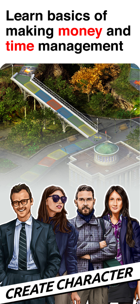 Timeflow: Business Tycoon Game - Pantalla de creación de personajes en el juego Timeflow Business Tycoon con texto de educación financiera