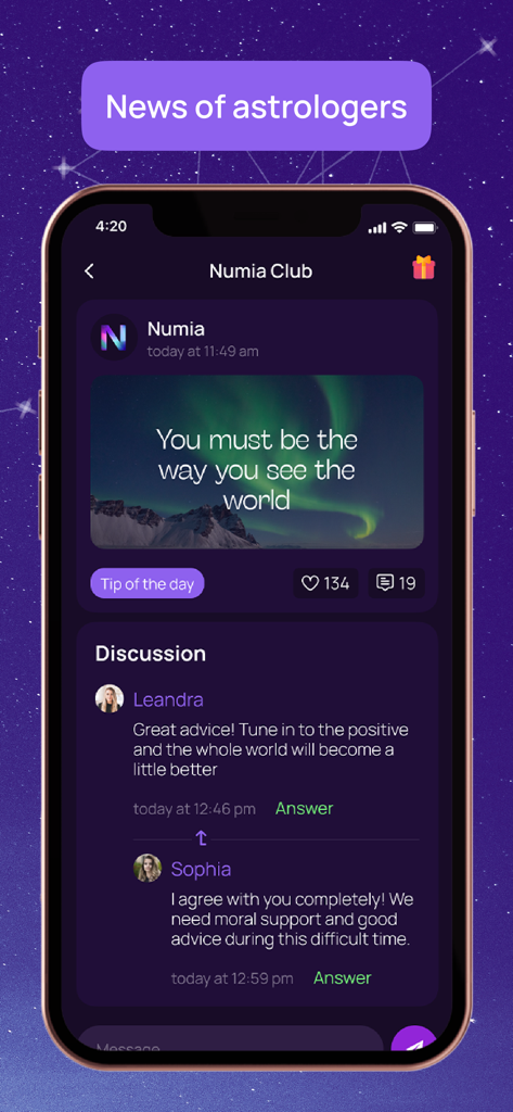 Numia: Astrology and Horoscope - Numia astrology app interface showing daily tips and community discussions