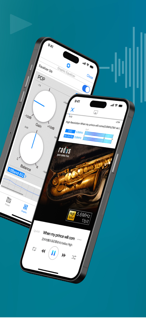 NePLAYER high-resolution music player interface showing equalizer settings and playback screen with technical audio data