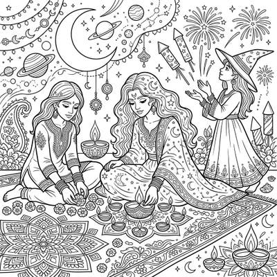 Journey to a magical Diwali celebration where celestial witches light up the night. This intricate coloring page combines cosmic wonder with festive traditions, perfect for mindful coloring.