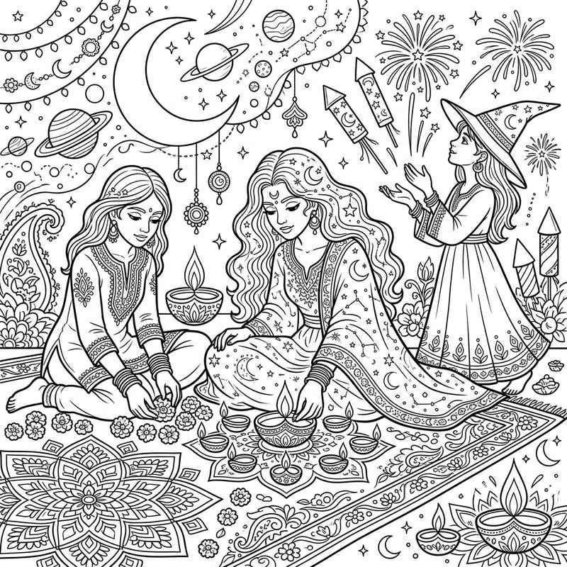 Journey to a magical Diwali celebration where celestial witches light up the night. This intricate coloring page combines cosmic wonder with festive traditions, perfect for mindful coloring.